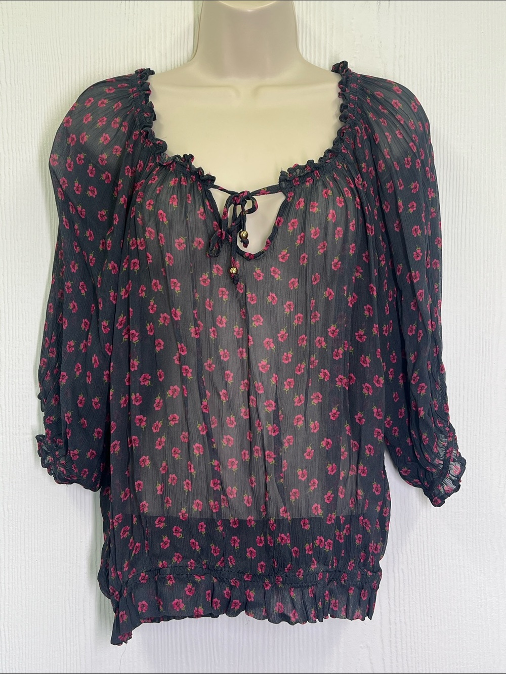 Natural Life - Black Colorful Floral Mesh Tie Neckline Lightweight Blouse Medium